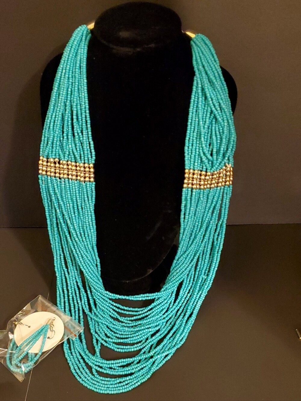 Turquoise Multi-Strand Waterfall Bead Necklace and Matching Earrings NEW